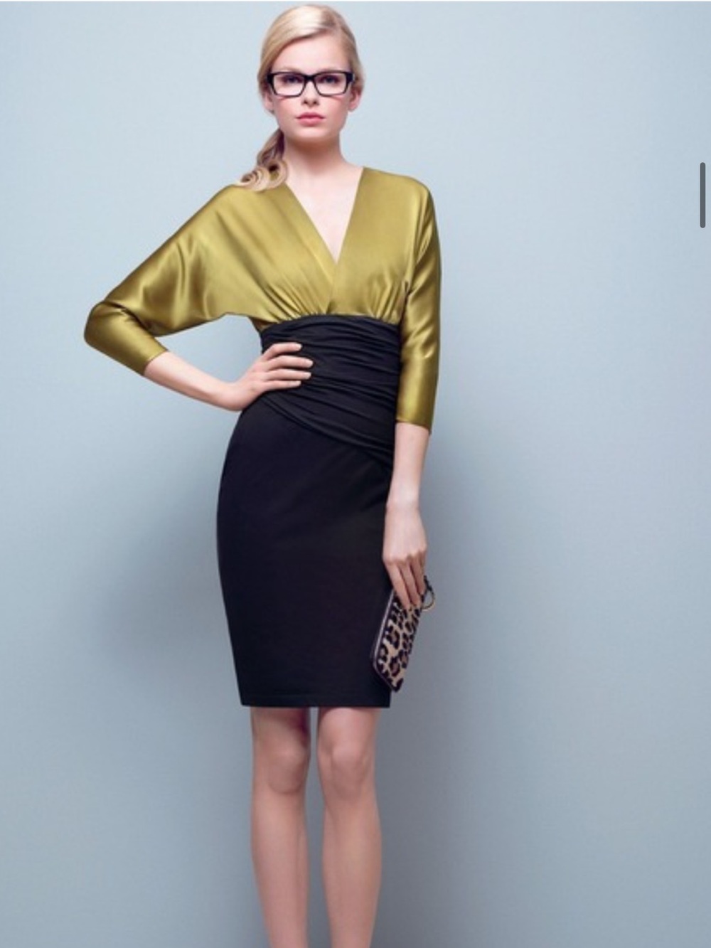 Paule ka Olive and Black V-Neck Sheath Dress